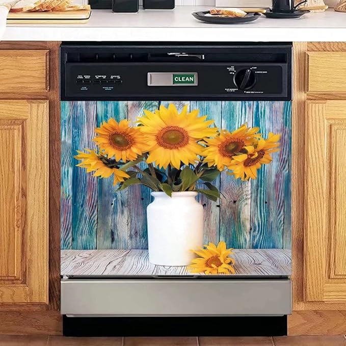 Colorful Wooden Background Kitchen Dishwasher Front Door Cover Decor, Vase Sunflower Fridge Panels Decals Vinyl Cover, Ordinary 23"x17"INCH