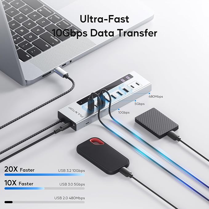 PULWTOP Powered USB C Hub, 10-in-1 USB 3.2 Data Hub with 3 x USB A/C 10Gbps, 3 x USBA 5Gbps, USB A 2.0, 100W PD-in, 2 x 24/45W Type-C Charging Ports (72W Adapter Included)