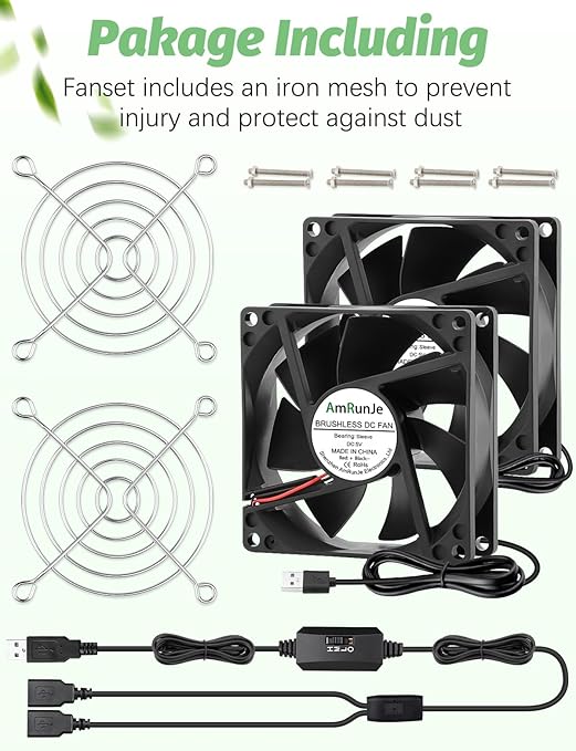 AmRunJe 80mm x 25mm USB Fan 2 Packs 5V Small Computer Case Fan with Speed Control for CPU Xbox PlayStation Router Entertainment Cabinet 3D Printer