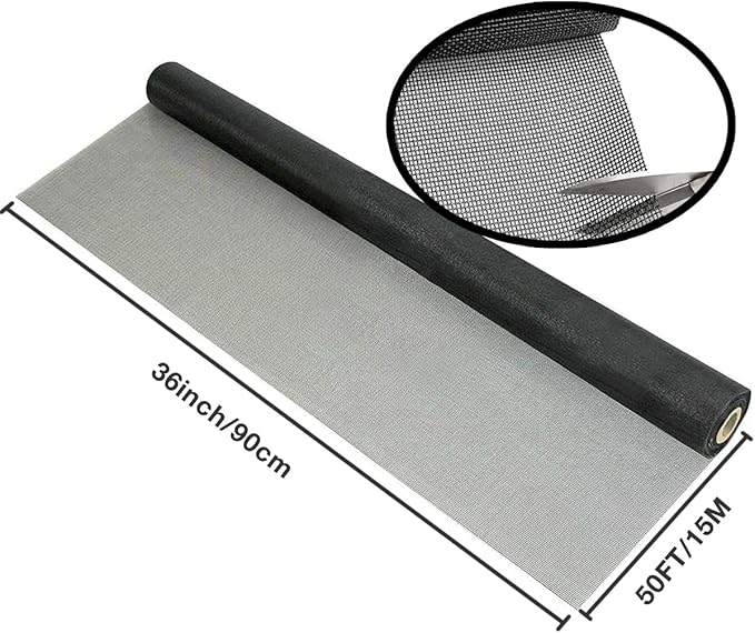 36IN*50FT Window Screen Mesh,Fiberglass Screens Roll,Pet Proof Window Screen Replacement,DIY Screening Mesh Netting for Windows, Door, Pool, Porch,Patio -Black（90cm*15m）