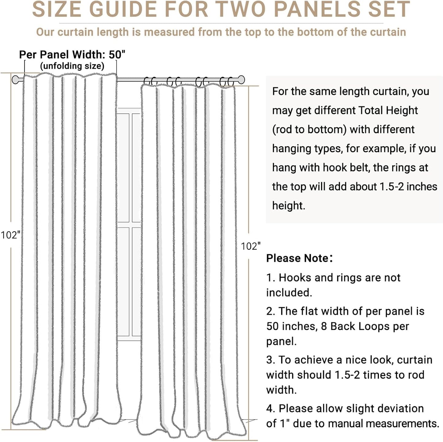 Skiennix 100% Blackout Linen Curtains - Thermal Insulated Drapes, 50" W x 102" L, 2 Panels Set