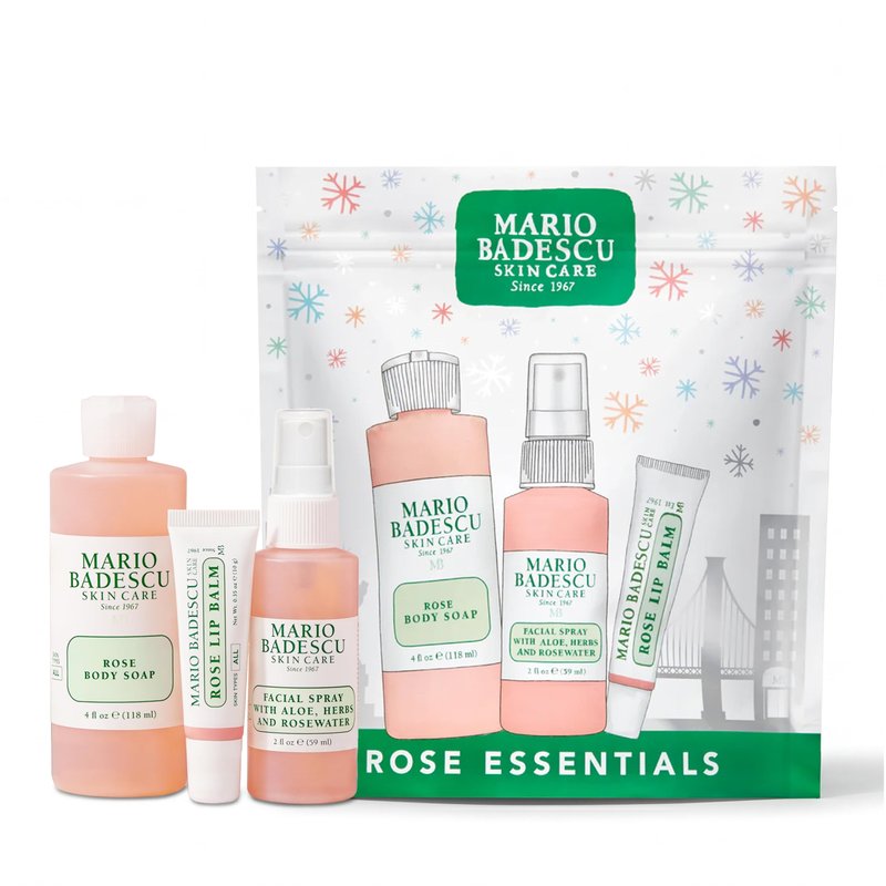 Mario Badescu Rose Essentials 3-Piece Set – Rose Body Wash, Rosewater Facial Spray & Lip Balm for Hydrating Head-to-Toe Skincare