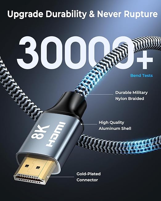 CABNEER 8K HDMI Cable 8 ft, 48Gbps High Speed HDMI 2.1 Cable, HDMI Cord 8K@60Hz 4K@120Hz Support for HDR eARC HDCP 2.2&2.3, HDMI Cable 2.1 Compatible with HDTV, Laptop, Monitor, PC
