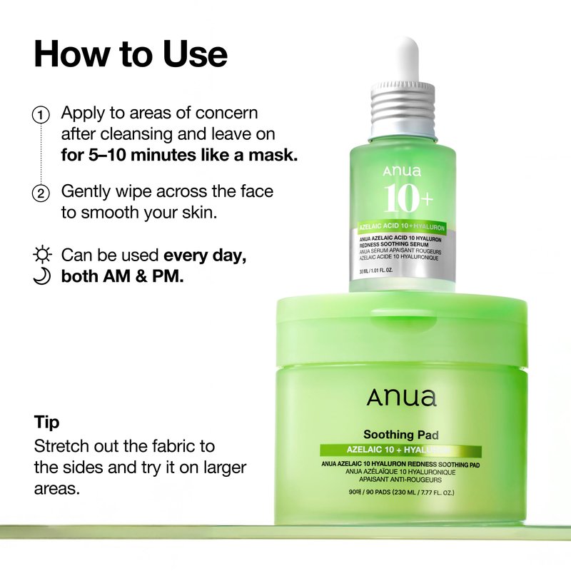 ANUA Azelaic Acid 10 Hyaluronic Acid Soothing Toner Pads, Hydrating Facial Mask for Redness, Pore & Blemish Care, Quick & Easy Stretchable Formula, Korean Skincare, 90 Pads