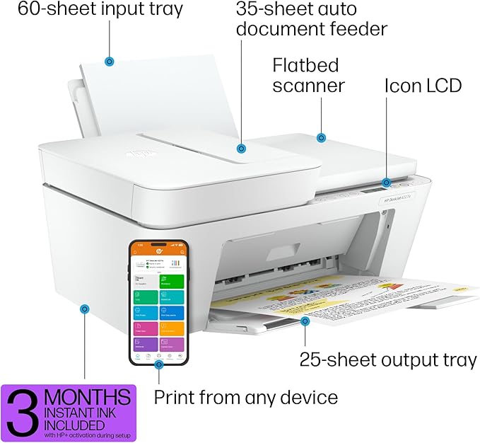 HP DeskJet 4227e Wireless All-in-One Color Inkjet Printer, Scanner, Copier, Best-for-Home, 3 Month Instant Ink Trial Included, AI-Enabled (6W7F0A)
