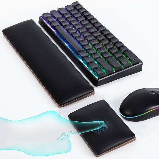 ASFSKY Keyboard and Mouse Wrist Rest Set for 60%-75% Compact Keyboards – Ergonomic Wooden Support Pad with PU Leather & Memory Foam, Anti-Slip Rubber Base for Gaming, Office & Typing Pain Relief