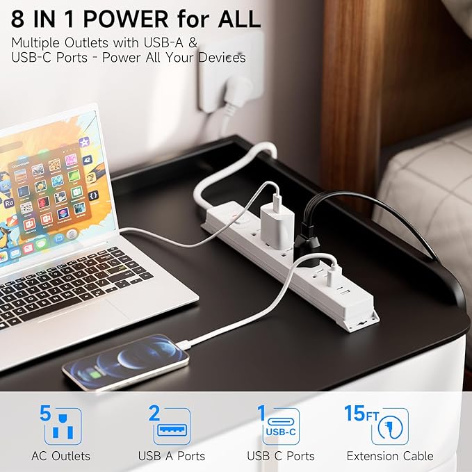 15 Ft Power Strip Surge Protector with USB Ports, Flat Plug Extension Cord, 5 AC Outlets and 3 USB Charging Ports, Wall Mountable for Home, Office, Dorm