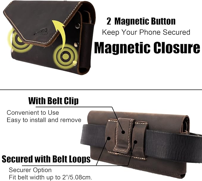 Topstache Leather Cell Phone Belt Holder for Galaxy S25/S24, iPhone 17/17 Pro - Belt Clip Leather Phone Holster - Fit with Protective Case - ID/Credit Card Holder Clip Pouch, L,Darkbrown