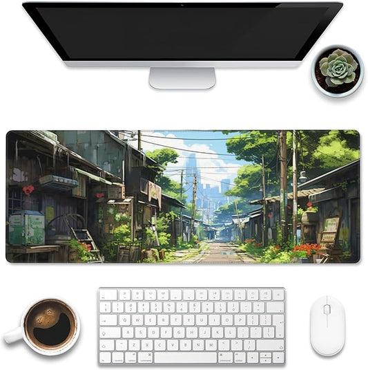 Eflxamz Anime Abandoned Town Desk Mat, Large Gaming Mouse Pad with Non-Slip Base and Stitched Edge, 31.5"x11.8"