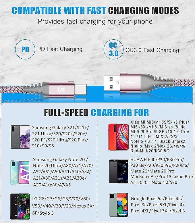 sweguard USB Type C Charger Cable [3-Pack,10ft+6.6ft+3.3ft] iPhone 17 Charger Nylon Braided Cord for iPhone 17 16 15 Pro Max Samsung Galaxy S26 S25 S24 S23 S22 S21 S20 Note 20 10 A53 A54 Pixel LG Moto