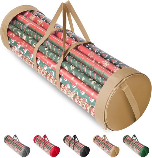 BALEINE Christmas Wrapping Paper Organizer - Durable 600D Oxford Fabric Storage for 18-25 Rolls | Clear PVC, Golden