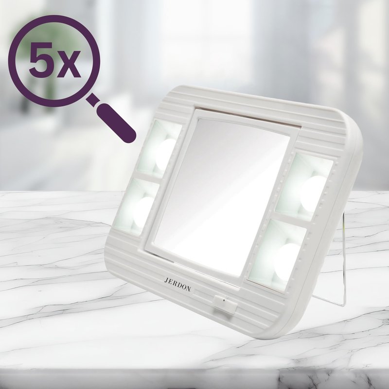 JERDON Two-Sided Makeup Mirror with Lights - Vanity Mirror with 5X Magnification & Two Setting Glare-Free Lighting - White Base - Model J1015