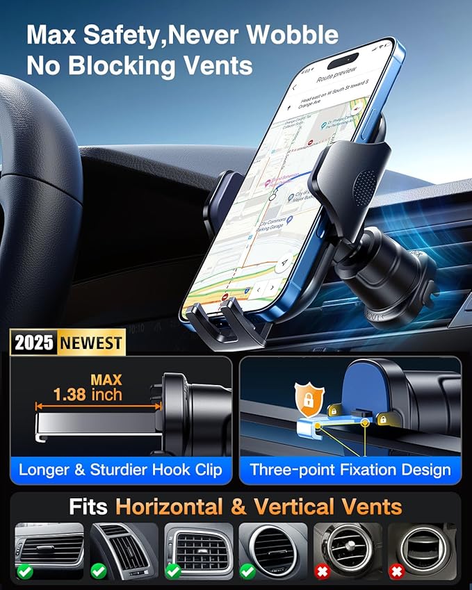 VANMASS 2026 Phone Holders for Your Car Ultimate Military-Grade Car Phone Holder Mount【Patent & Safety Certs】Upgraded Shockproof Truck Air Vent Phone Mount for iPhone 17 Pro Max 16 15 Samsung Android