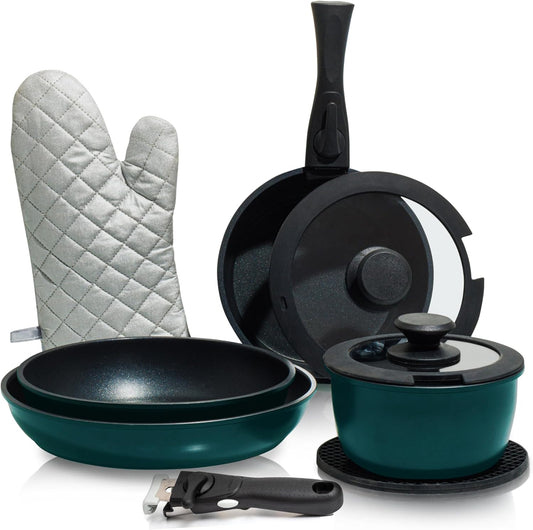 Moss & Stone Nonstick Aluminum Pots and Pans Set - 10-Piece Stackable Cookware in Blue | Dishwasher Safe