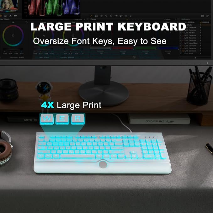 KOPJIPPOM USB Wired Keyboard with Large Print Backlit Keys, 7 Color LED Backlight, Ergonomic Wrist Rest, Spill-Resistant Design, Full-Size Computer Keyboard with Number Pad, for PC Desktop Laptop