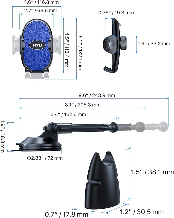 HTU 【Military-Grade Suction】 Cell Phone Holder for Car【Flexible Telescopic Arm】 Car Phone Mount Stand for Dashboard Windshield for iPhone 17 16 Pro Max 15 14 13 12 Samsung Truck Jeep, Dark Blue