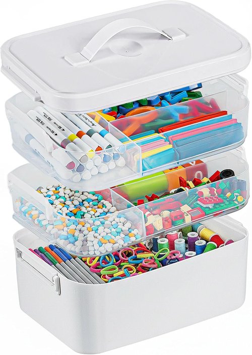 Craft Organizer by 3-Layer | Removable Trays & Lids | Art Supply Storage Box (10.62” x 9” x 7.67”)