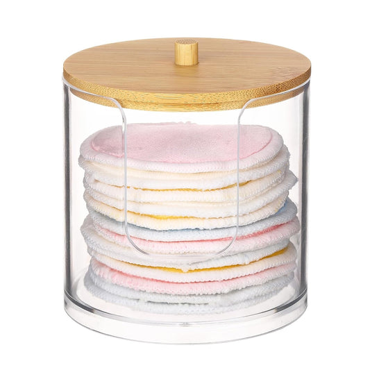 Tbestmax Cotton Pad Dispenser - Clear Plastic Bathroom Organizer with Bamboo Lid