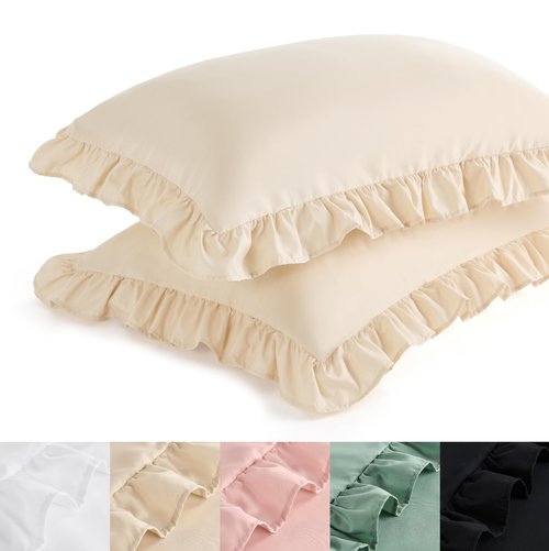 Bedsure Ruffle Pillow Cases 2 Pack, Pillow Shams Standard Size, Double Brushed Microfiber Ruffled Pillow Covers with Envelope Closure, 20" x 26", Beige