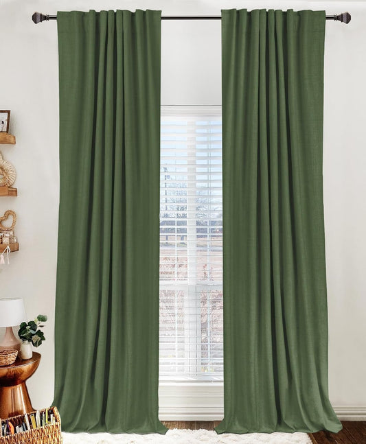 Skiennix 100% Blackout Linen Curtains - Thermal Insulated Drapes, 50" W x 102" L, Moss Green | 2 Panels Set
