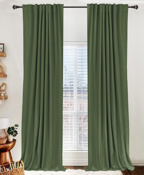 100% Blackout Shield Linen Blackout Curtains for Bedroom 102 Inches Long, Back Tab/Rod Pocket Living Room Drapes, Thermal Insulated Blackout Curtains 2 Panels Set, 50" W x 102" L, Moss Green