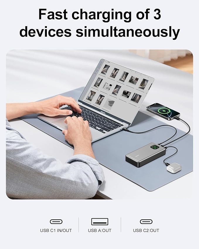 Ansody 65W Power Bank, 25000mAh Laptop Portable Charger, 100W Total Fast Charging Battery Pack for MacBook Dell XPS iPad Tablet Steam Deck iPhone 17-12 Series Samsung Switch and More Silver