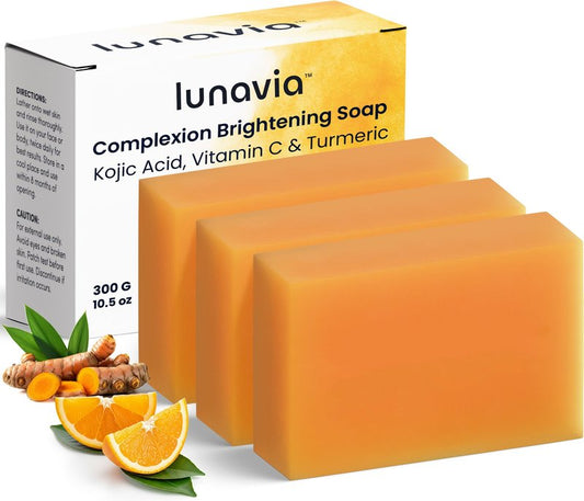 lunavia Kojic Acid Complexion Brightening Soap Bar with Vitamin C, Turmeric, Retinol, Collagen & Hyaluronic Acid – Brightening Face & Body Soap – Supports Brighter Skin, Even Skin Tone – 3 Pack