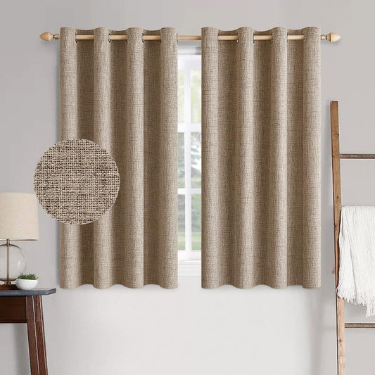 MIULEE 100% Blackout Linen Textured Curtains - Thermal Insulated Copper Brown Drapes | 52 x 45 Inch (2 Panels)