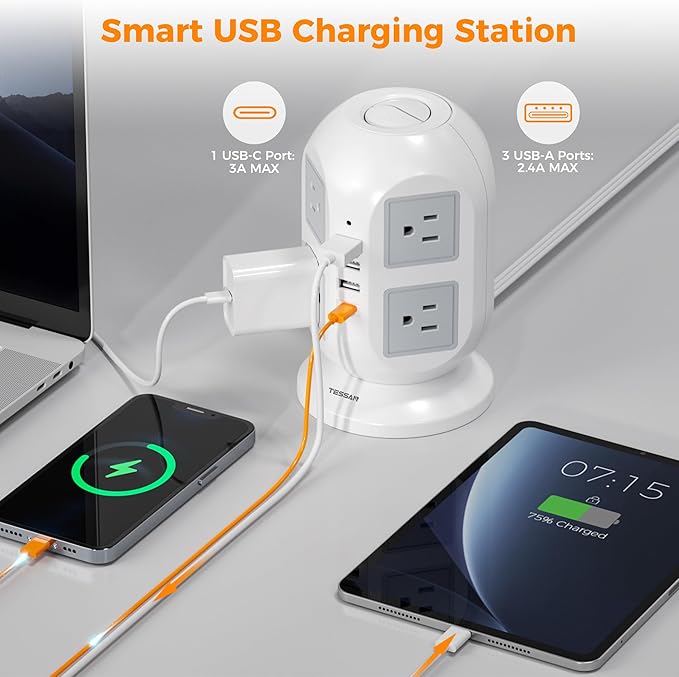 TESSAN Tower Power Strip 10 ft, Long Flat Extension Cord with Multiple Outlets, 8 AC Outlets with 4 USB Ports (1 USB C), Charging Station with, for Home Office Dorm