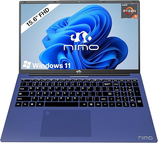 NIMO 15.6 inch Laptop FHD, AMD Ryzen 5 3500U, 8GB RAM, 256GB SSD, Windows 11, Backlit Keyboard, Fingerprint Reader, 65W PD, Lightweight Computer for Work and Student, Deep Blue