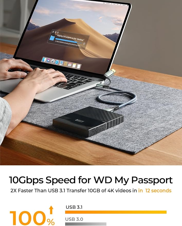 AINOPE 10Gbps Micro B to USB C, 1.5FT External Hard Drive Cable, Nylon Braided Hard Drive Cable, Compatible with MacBook Pro/Air, Tablet/iPad, WD Seagate Toshiba Westgate, Samsung Galaxy S25