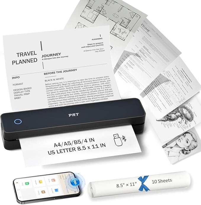 PRT Inkless Portable Printer for Travel, Wireless Thermal Printer Support 8.5 x 11 US Letter A4 B5, Bluetooth Mobile Printers for Laptop, iPhone, Android for Home, Car, Office, School, MT610 Black