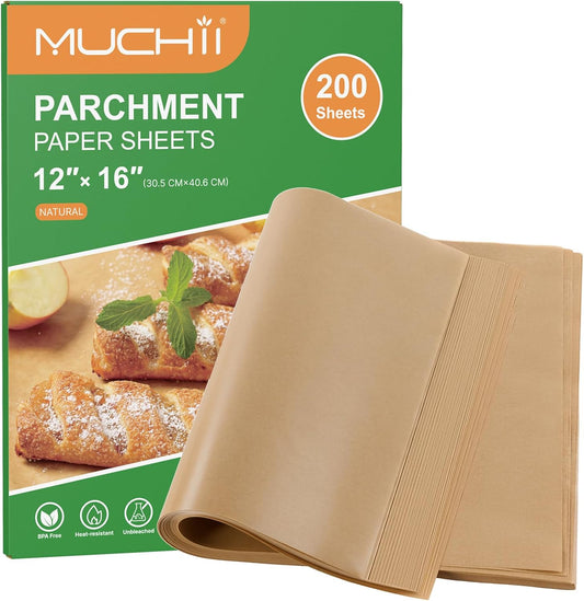 MUCHII Parchment Paper Sheets - 200 Pcs Non-Stick, 12 x 16 Inch for Baking, Grilling & Air Frying