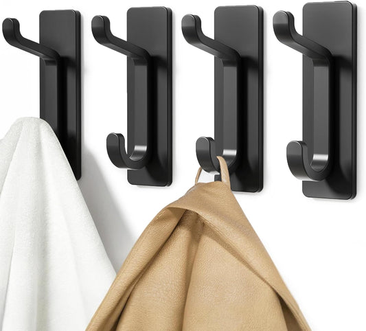Pickpiff Wall Hooks - 13LB Strong Adhesive Coat & Towel Hangers | Black 4-Pack for Easy Organization