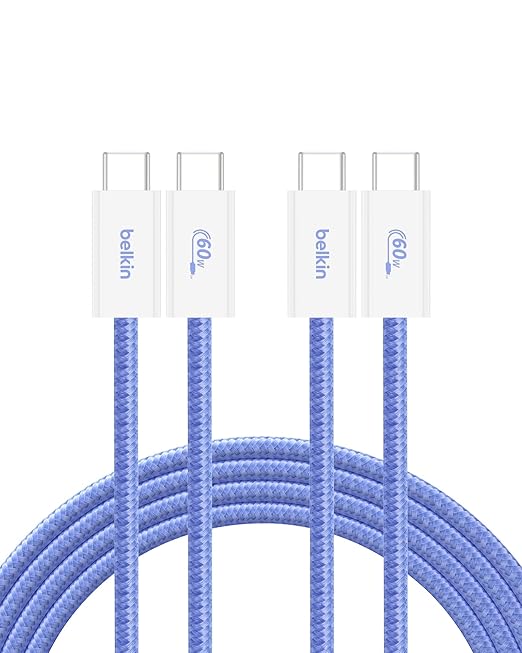 Belkin USB C to USB C Cable 2-Pack, 6.6ft, 60W - Type C Charger, iPhone Charger Cord, Soft, Braided, Flexible for iPhone 17, Galaxy S25, Pixel 10, Airpods, iPad Pro & More, Travel Essentials - Blue