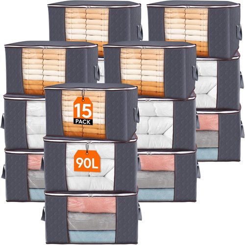 Lifewit 15-Pack 90L Clothes Storage Bins - Foldable Blanket Bags with Zippers & Clear Window