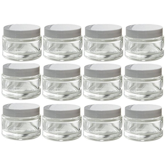 (12 pack) 2 oz Clear Glass Thick Wall Jars with White Foam Lined Smooth Lids