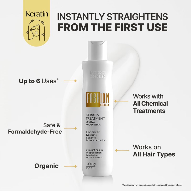 FASHION GOLD, Keratin Hair Treatment, 6 USES per Bottle, Keratina para Alisar el Pelo, Alisado Brasileño Keratina Permanente, Alisados Organicos SIN FORMOL, Nanoplastia, 300 grs