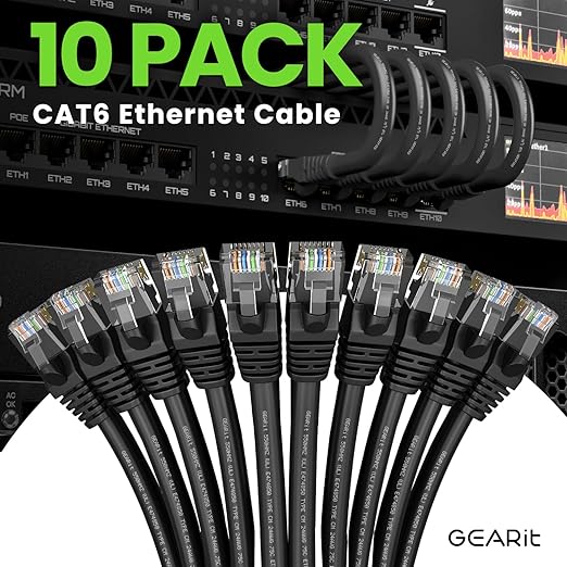 GEARit Cat 6 Ethernet Patch Cable 14 ft Black (10 Pack) Cat6 Patch Cables 14ft Black/Ethernet Patch Cable, 10Gbps 550MHz 24AWG Pure Copper, Snagless, Gold Plated RJ45 for Router, Server, Router, PC
