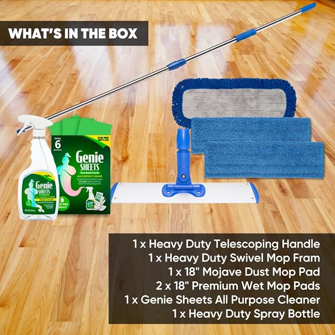 Professional Microfiber Mop System and Genie Sheets Concentrate All-Purpose Cleaner & Spray Bottle | Wet & Dry Mop Hardwood, Tile, Vinyl Plank, Concrete | Reusable Washable Pads | Telescoping Handle