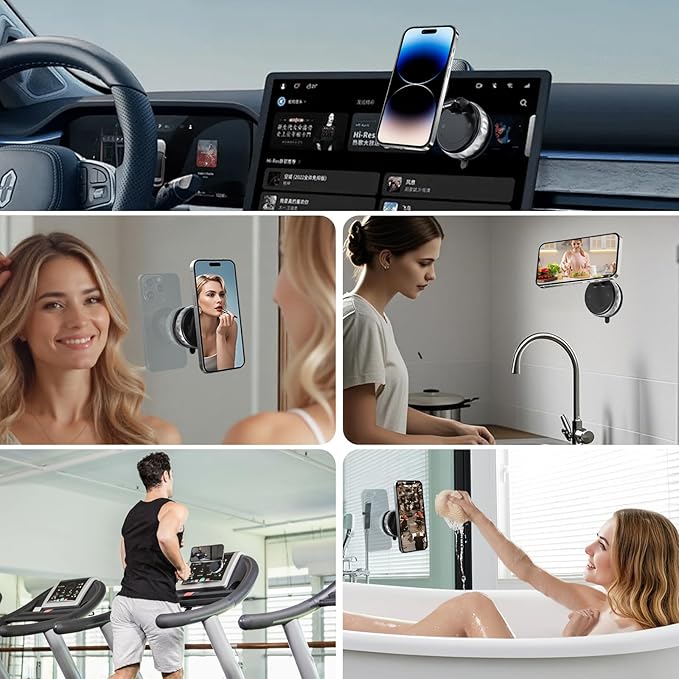 BomSaluka Vacuum Suction Magnetic Phone Holder, 2025 Upgraded Foldable Retractable Magnet Suction Cup Phone Mount for Car, 360° Adjustable Magnetic Phone Stand for Cars/Gyms/Mirrors/Smooth Surface