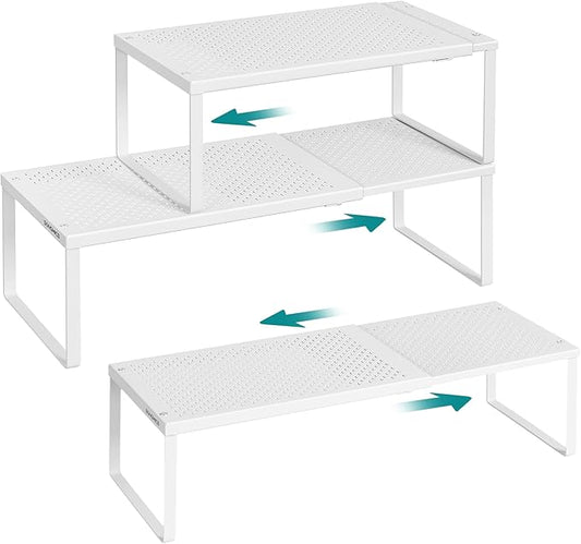 SONGMICS Spice Racks, Set of 3 Expandable Kitchen Countertop Shelves, Small Cupboard Organizers, Metal, Space-Saving Tabletop Shelves, Matte White UKCS403WC01