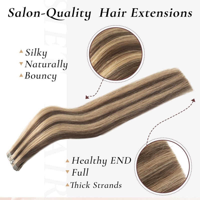 Hyssiet Tape in Hair Extensions Human Hair, 20pcs 50g 14 Inch Tape in Hair Extensions,Chocolate Brown Highlighted Caramel Blonde,Invisible Remy Soft Natural Thick Real Human Hair Extensions