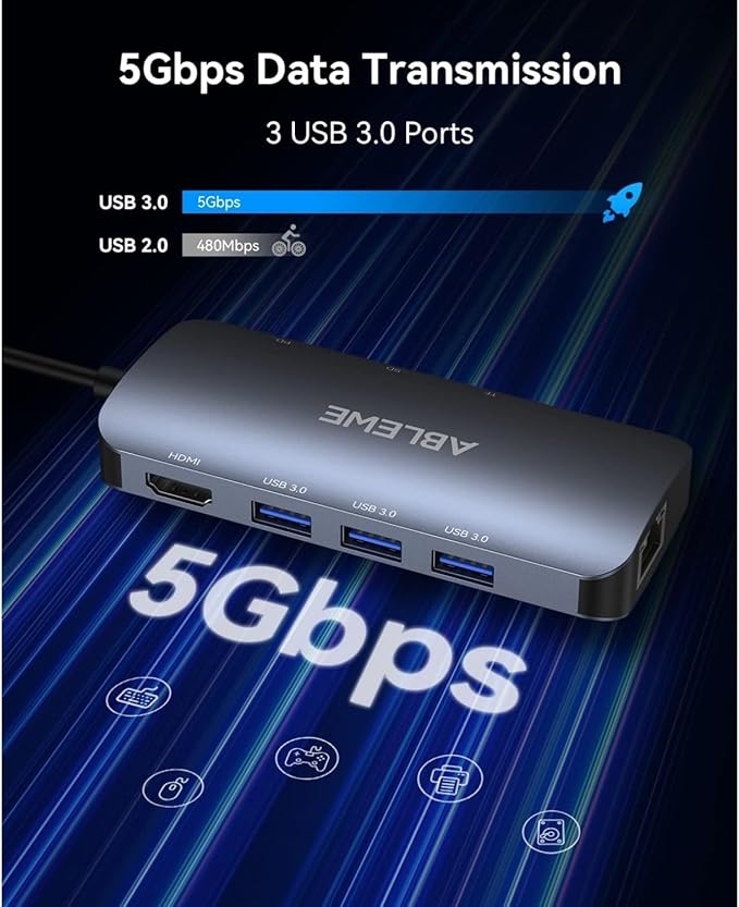 ABLEWE USB C Hub Ethernet, Multiport USB C to HDMI Hub, 8 in 1 4K@60Hz USBC Adapter,1000Mbps, 100W PD, 3 USB 3.0 Ports, Docking Station Compatible for MacBook, Tablet, Phone, Type C Devices