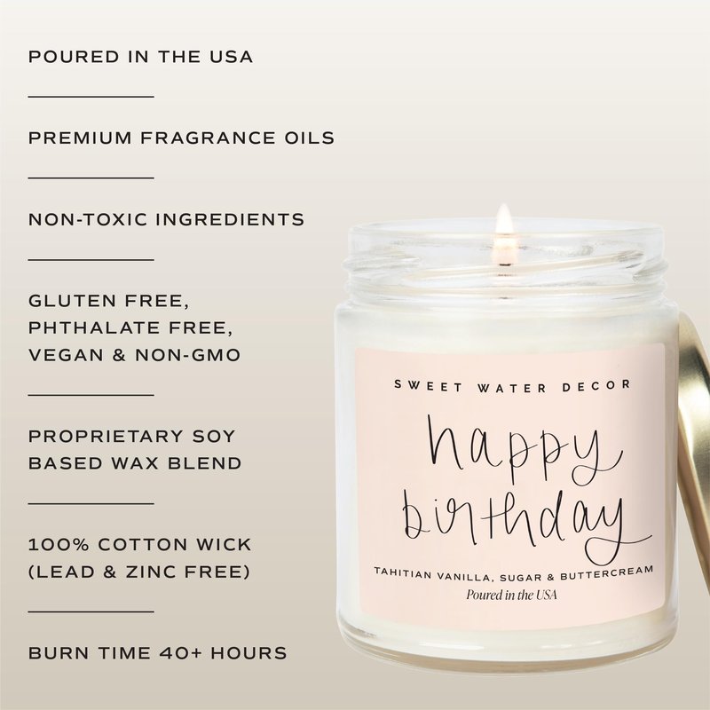 Sweet Water Decor Happy Birthday Soy Candle - Vanilla Sugar & Buttercream Sweet Scented Happy Birthday Candle Gift for Mom, Friends & Girls - 40 Hour Burn Time - 9oz - Non Toxic