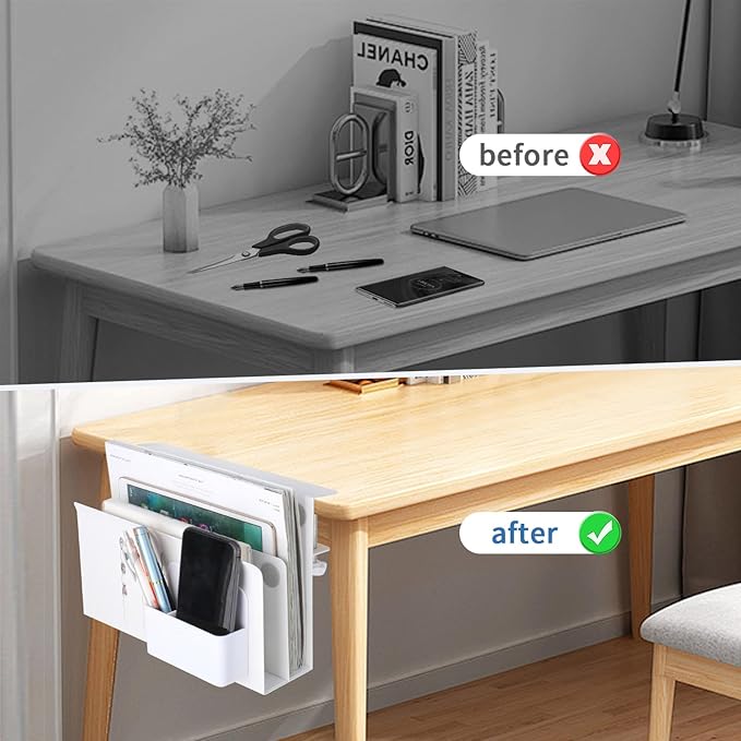 osseph 2 Tier Desk Side Storage Organizer, Under Desk Laptop Holder with Magnetic Pen Holder, No Drill Hanging Desks Caddy for Office & Home, Clamp On Desk Shelf for Tablet, Files, Accessories(White)