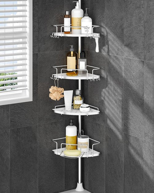 ALLZONE Corner Shower Caddy - Rustproof Tension Pole with 4 Baskets & Extra Hooks | Fits 34–116 Inch, Silver/White
