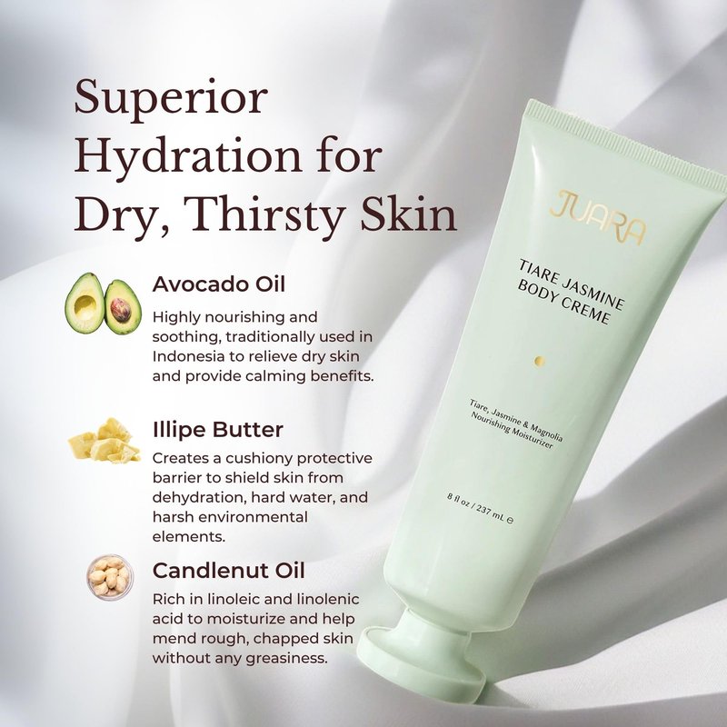 Juara Tiare Jasmine Body Creme | Hydrating Body Lotion for Dry Skin | Moisturizing Body Cream with Natural Oils | Non-Greasy, Luxury Skin Care | Nourishing Vegan Formula | 7.8 OZ (237 ML)