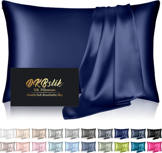 Mulberry Silk Pillowcase by Skiennix - Anti-Acne Cooling Sleep Cover | Standard Size, Navy Blue