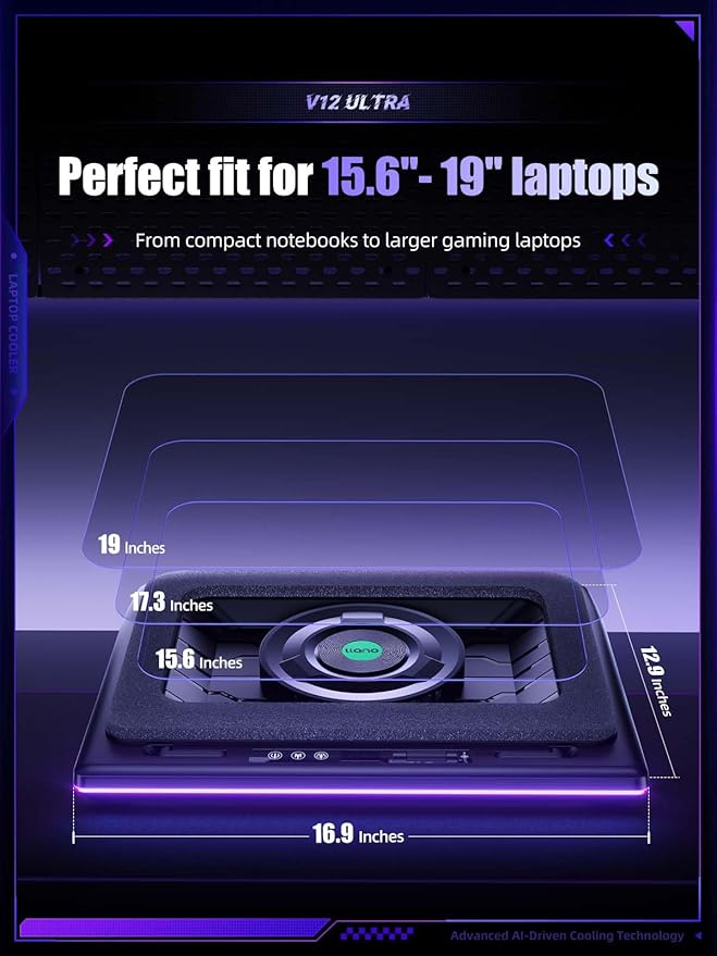 llano V12 Ultra Laptop Cooling Pad with Smart Software Control, RGB Gaming Laptop Fan Cooler Stand, 5.5" Turbo Fan, Adjustable Speed, 3-Port USB 3.0 Hub, 3 Height Stands, for 15.6"-19" Laptops, Black